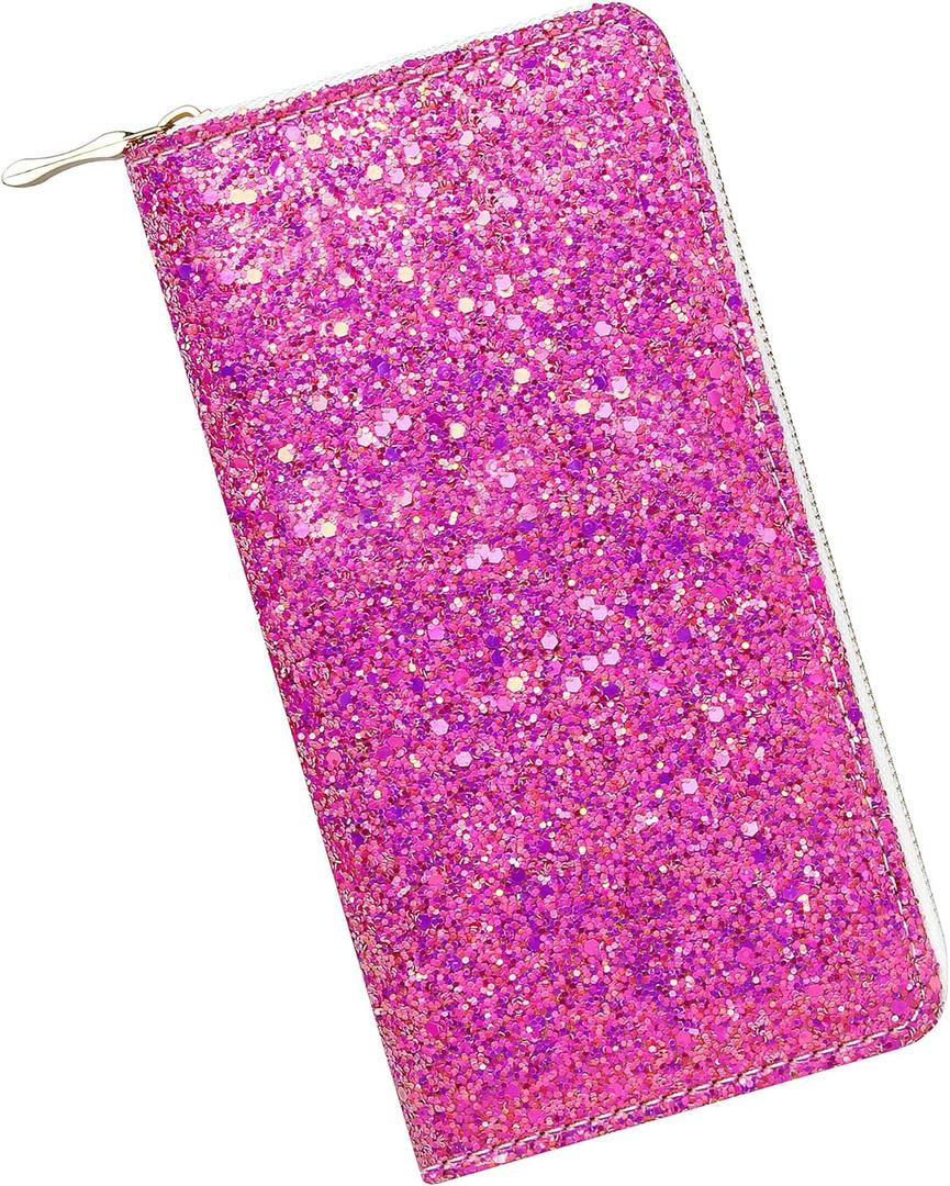 KUKOO Glitter Wallet for Women Shiny Long Phone Clutch Purse Ladies Card Holder (A - Rose Red)