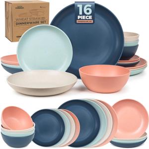 Grow Forward 16-piece Premium Wheat Straw Dinnerware Sets for 4 - Unbreakable Dishwasher & Microwave Safe Plastic Plates and Bowls Sets - Patio, Outdoors, RV, Camping Dishes - Tropical