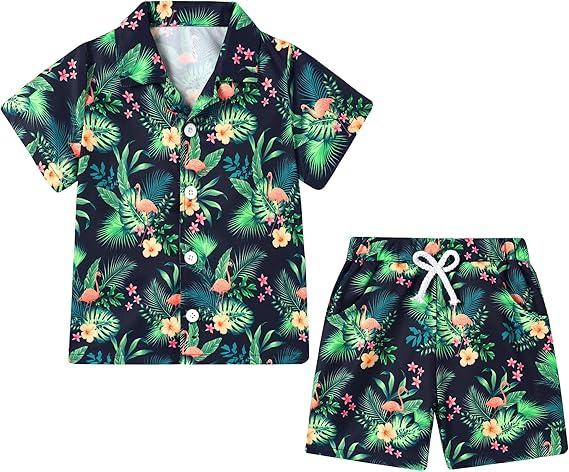 YUEMION Boys Hawaiian Outfit 2Pcs Set Summer Beach Button-Down Shirt Top + Shorts for Kids, Size: 6-7 Years