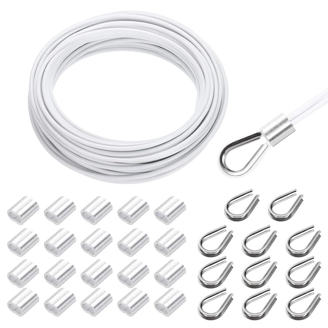 MECCANIXITY 49FT Stainless Steel Cable Railing Kit, 1/8" Vinyl Coated 7x7 Strand Wire Rope with Loop Sleeves and Thimbles for Outdoor Deck Fence Wire & String Light,Picture Hanging,White