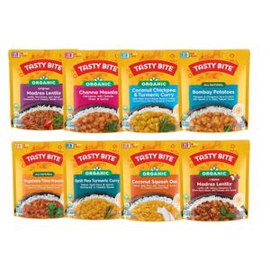 Tasty Bite Variety, Pack of 8, Madras Lentils, Bombay Potatoes, Vegetable Tikka Masala, Channa Masala, 3Bean Madras Lentils, Split Pea & Turmeric Curry, Coconut Squash Dal, Chickpea Coconut and Turmeric Curry BB Date May 31, 2026