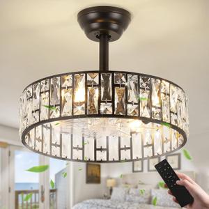 Crystal Caged Ceiling Fan, 18" Modern Industrial Black Ceiling Fans with Remote Control Bladeless Ceiling Fans Lighting, Black Fandelier Fans for Bedroom, Living Room, 6 Speed