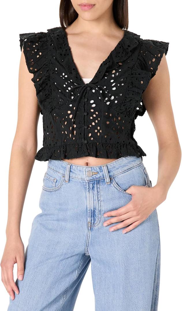 The Drop Womens Margo Tie Front Ruffle Detail Sleeveless Blouse (Black, L)