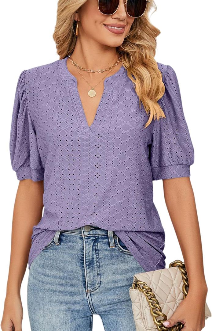 PerZeal Women's Summer Tops Tunic V Neck Ruffle Half Sleeve Blouses Short Sleeve Casual Loose Tops T-Shirts Light Purple X-Large