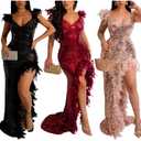 AlexQueen Women's Sexy Spaghetti Strap V Neck Mesh See Through Bodycon Sequin Gown Evening Dress with Slit (Red, L)