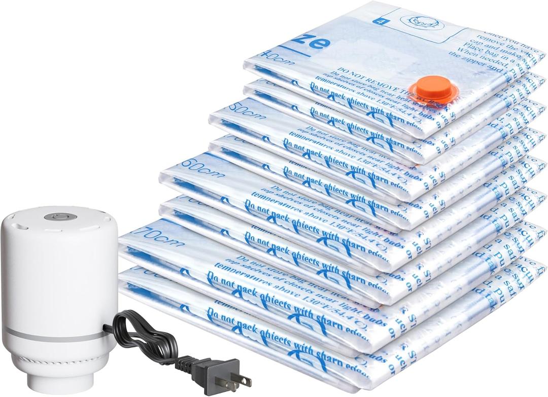 Vacuum Storage Bags with Electric Air Pump 8 Combo (2 Jumbo/2 Large/2 Medium/2 Small), Travel Vacuum Bags For Luggage, Airtight Compression Bags for Clothes, Pillows, Comforters, Blankets, Bedding (8 Combo-EPUMP)