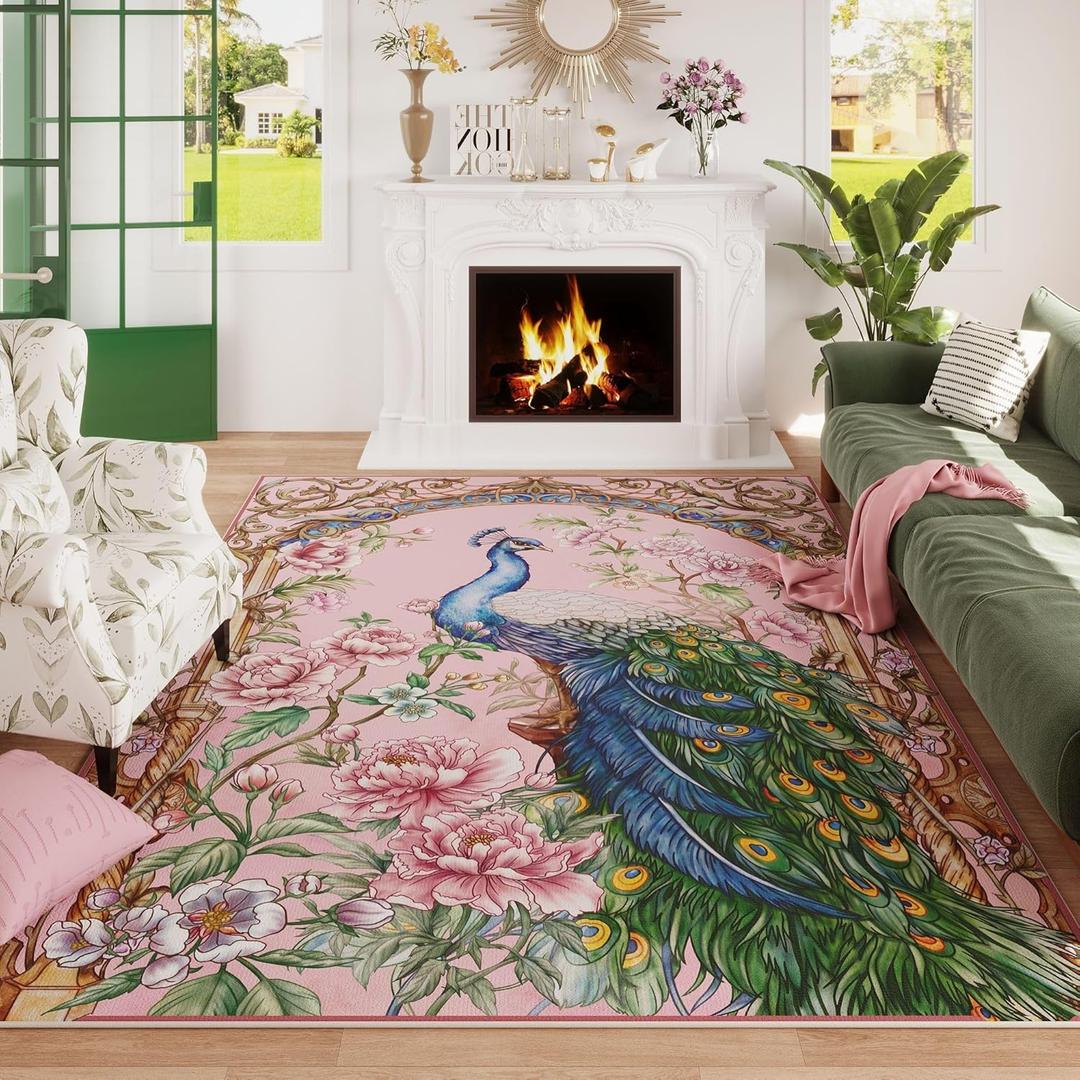 Area Rugs 8x10 Rug for Living Room Clearance Washable Floral Peacock Non Slip Vintage Low Pile Large Rug for Living Room, Bedroom, Farmhouse, Dining Room, Kids Playroom(Pink)