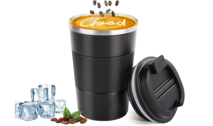 YINBAOGE Insulated Travel Coffee Mug, Spill & Leak Proof, Portable To Go Camping Stainless Steel Coffee Tumbler, Reusable Thermal Coffee Cup with Lid for Hot & Cold Drinks (Black, 12 OZ)