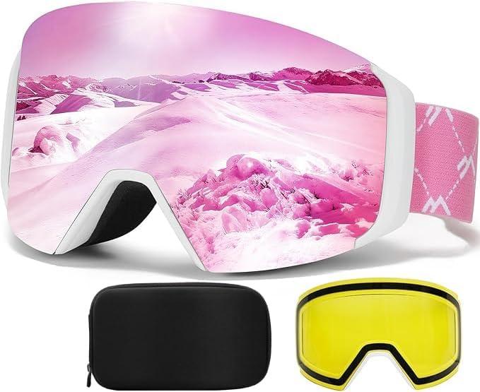 VCOROS Magnetic Ski Goggles with Quick Change Lens, OTG Design, Anti-Fog snow goggles, Helmet Compatible Snowboard Goggles (White Frame Revo Pink)