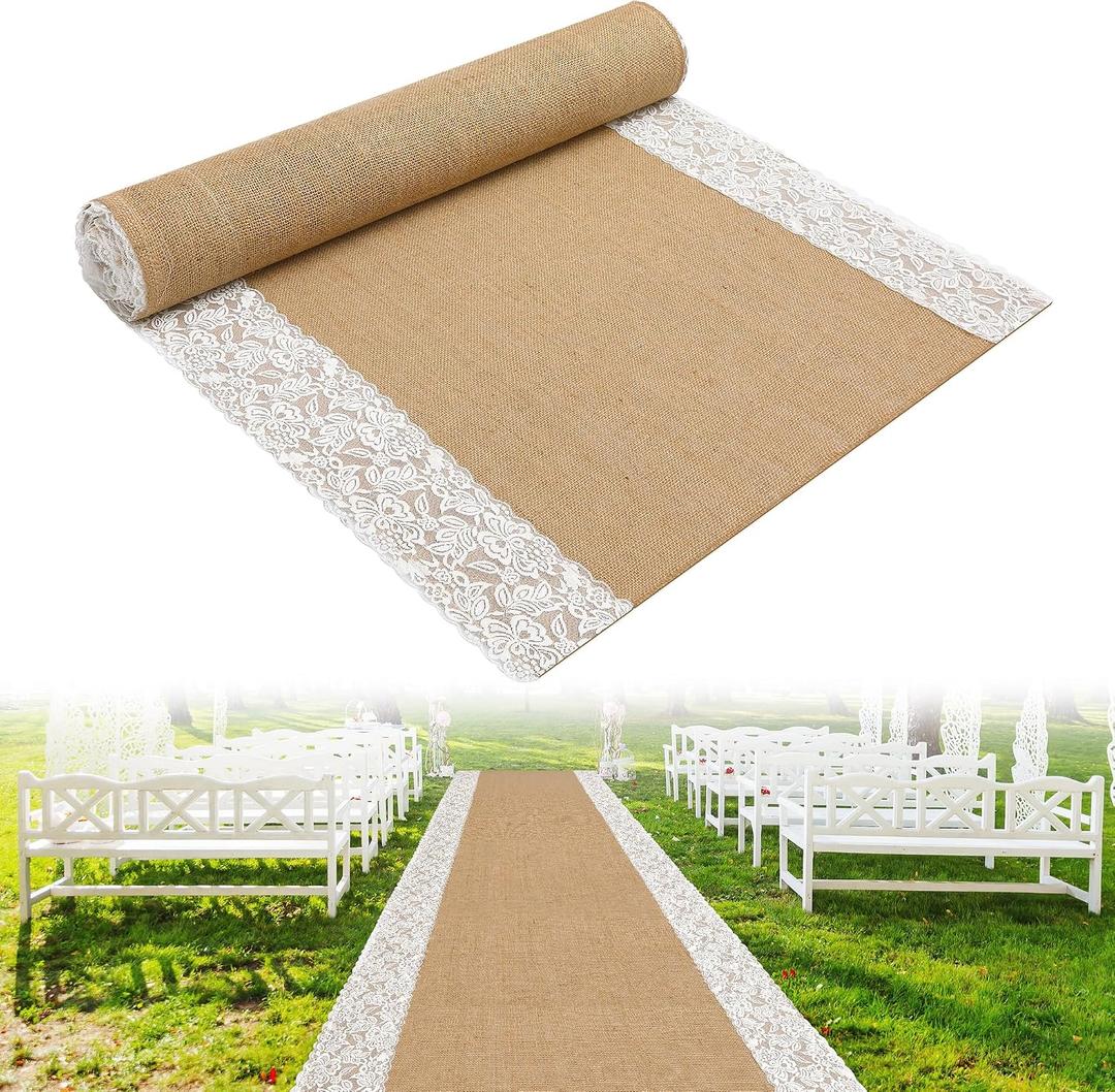 moonoom 20 Ft x 36 in Natural Burlap Wedding Aisle Runner, Rustic Jute Weddings Runway Carpet with Lace, Ceremony Burlap Carpet Roll for Beach Garden Church Reception Craft Decor