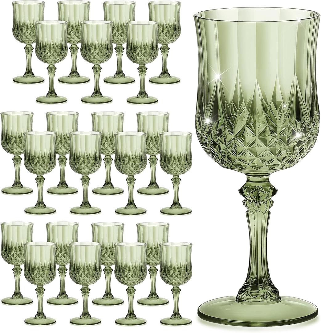 7OZ Plastic Wine Glasses, Reusable Vintage Goblets Unbreakable Drinking Glasses Crystal Water Cups Champagne for Wedding, Parties (24, Light Green), 2.65 Inches X 6.6 Inches