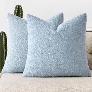 Woaboy Pack of 2 20x20 Inch Decorative Boucle Throw Pillow Covers Textured Square Pillowcaes Accent Solid Cozy Soft Cushion Covers Home Decor for Sofa Couch Living Room Home Decor, Coastal Light Blue
