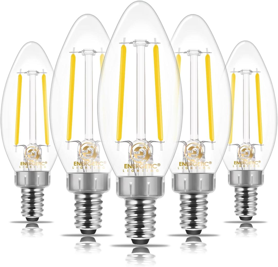 Energetic E12 LED Classic Candelabra Clear Light Bulb, 4W, Equivalent 40W, 400 Lumens, Cool White 4000K, Filament Clear Glass Candelabra B11 Bulb, Non-Dimmable, Pack of 5