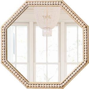 Octagon Bathroom Mirror 24x24 Inch, Gold Accent Mirror, Antique Beaded Mirror Metal Framed, Rustic Square Vanity Mirror for Bedroom Living Room Washing Room Entryway