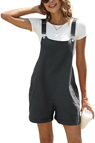 Ailoqing Womens Cotton Linen Short Overalls Casual Summer Bib Shortalls Rompers with Pockets, M