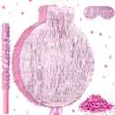 Gemscream 18 Inch Large Round Pinkpiata Kit with Stick Blindfold and Confetti Glitter Blank DIY Piata for Birthday Party Game Wedding Carnival Party Supplies