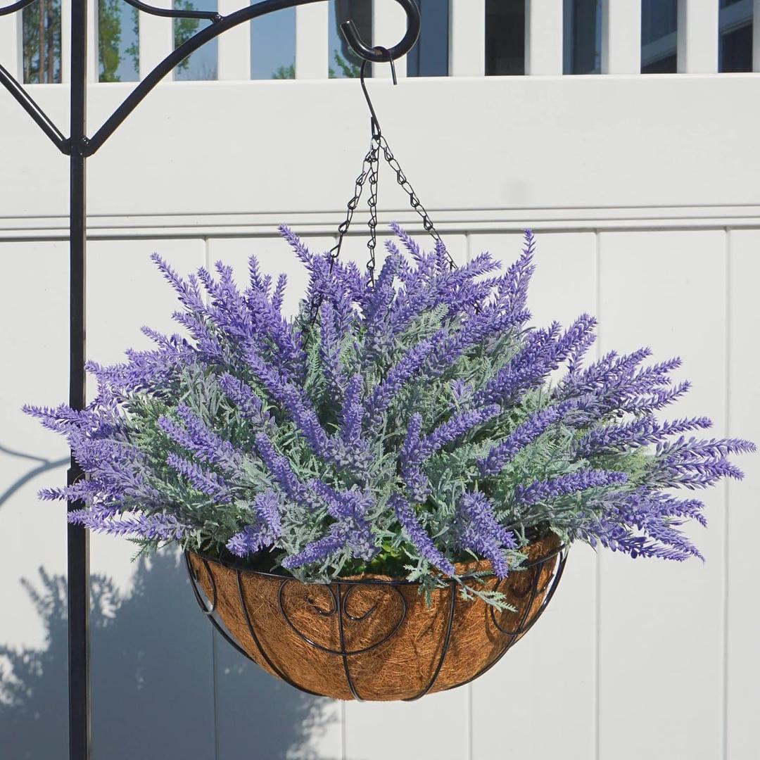 Artificial Hanging Flowers with Basket Fake Fall Lavender for Outdoor Decor, 12 Bundles Faux Purple Outside Decoration Realistic UV Resistant Plants for Porch Balcony Patio Garden Yard