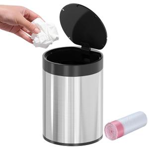 Mini Trash Can for Desk 0.4 Gallon,1.5L Stainless Steel mini Desk Trash can with Lid,Tiny Trash Can for Desk with 1 Roll Bags for Office, Home, Car,(Brushed Gray) (Metallic Silver)