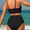 2 x Herseas Women's Loop Straps Bikini Sets 2 Piece Shine Ribbed Swimsuits Ruched High Waisted Bathing Suits (Black, S)