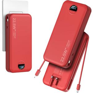 20000mAh Ultra-Portable-Charger-Power-Bank with Built-in Cables & AC Wall Plug, PD20W USB-C Fast Charging Cell Phone Charger Battery Pack, LED Display Travel Battery Bank for All iPhone, Samsung, Android (Red)