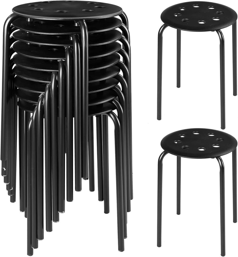 Tuanse 10 Pcs Stacking Stools Set with Metal Frame 17.72'' Portable Stackable Plastic Backless Stool with Round Top for Adult Office Home Kitchen (Black)