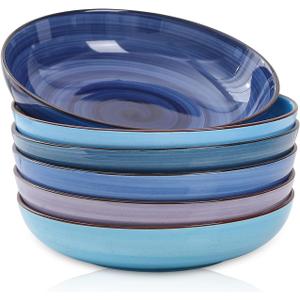 Selamica Porcelain 26 Ounce Salad Pasta Bowls, 8 inch Wide and Shallow Serving bowls, Microwave & Dishwasher Safe, Sturdy & Stackable, Set of 6, Gradient Blue