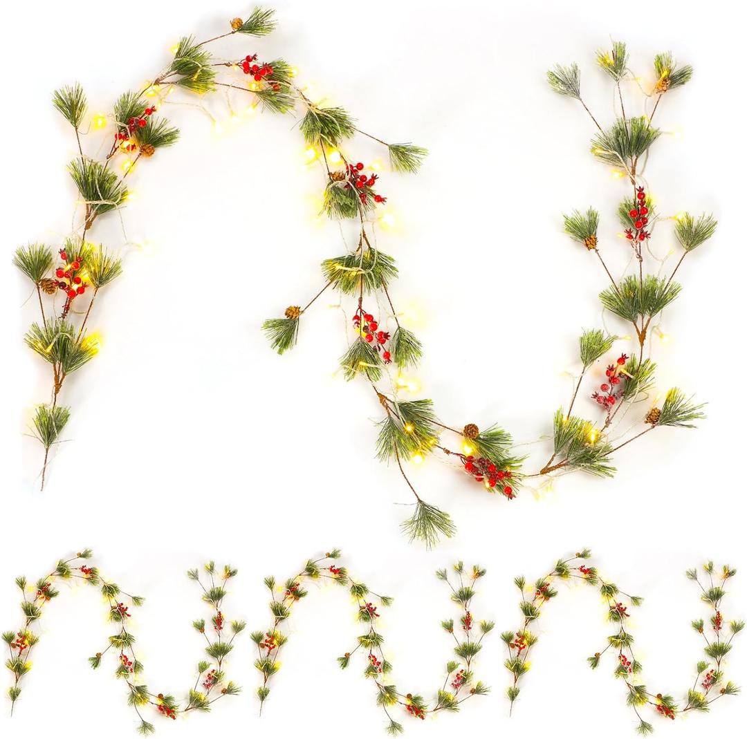 4 Pcs 9 Ft Prelit Christmas Garland with 50 LED Lights Artificial Christmas Garland with Berries Pine Cones, Battery Powered for Mantle Stairs Fireplace Home Decor(Stylish Style)