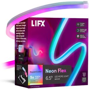 LIFX Neon Flex SuperColor LED Strip Light, 6.5ft Bendable Silicone Neon Rope with Polychrome 24-Zone RGBW Smart Lighting, Wi-Fi, Voice Control, No Hub Required, LFXNEON6.5