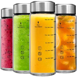 Glass Juice Bottles 4 Pack 16 oz - Wide Mouth Glass Water Bottles with Lids - Borosilicate,Stainless Steel Lids for Juicing, Smoothies, Infused Water, Beverage Storage, Leakproof, Reusable, BPA Free