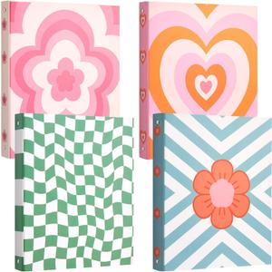 ReliThick 4 Pcs Retro Plaid Floral 3 Ring Binder, 1 Inch Round Ring with Interior Pockets, Decorative Retro Binders, Clipboard Binder, Groovy School Supplies for School Office, Letter Size (Mixed Color)