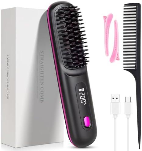 Go Brush Pro, 2026 Cordless Hair Straightener Brush 3 Adjustable Temperature Portable USB Charging Straightener Suitable for All Hair Types (Black)