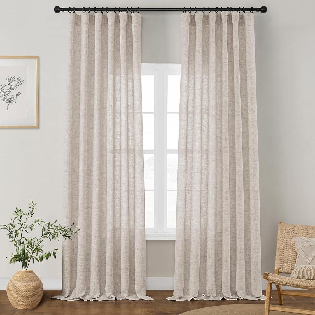 Linen Curtains 132 Inch Length 2 Panels for High Living Room Semi Sheer Light Filtering Extra Long 132 Inch Curtains Floor to Ceiling Drapes Sliding Door Villa Rod Pocket Hook Belt