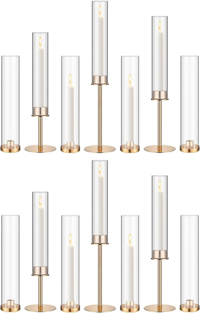 Meanplan 12 Pcs Gold Hurricane Candle Holders for Table Centerpiece, 4 Sizes Clear Tall Glass Cylinder Candle Holder Set, Wedding Table Decor, Metal Candlestick Holders for Party Dinner Decor