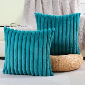 FUTEI Teal Green Striped Decorative Throw Pillow Covers 22x22 Inch Set of 2,Square Spring Decorations Couch Pillow Case,Soft Cozy Faux Rabbit Fur & Velvet Back,Modern Home Decor for Bed