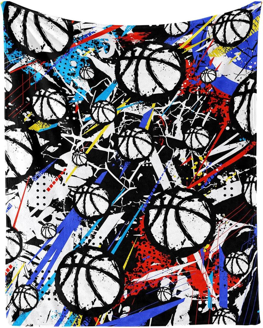 Basketball Throw Blanket, 80" x 60" Flannel Cool Basketballs Themed Printed Stuffed Plush Orange Blankets, Soft Nap Throw Blanket for Home Boys Girls Women Basketball Lovers Gifts