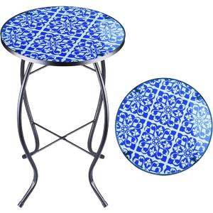 Arbuxzuy 12 Inch Small Outdoor Side Table with Blue-White Mosaic, Glass Mosaic Patio Table Indoor, Round Plant Coffee Table for Living Room, Balcony, Garden
