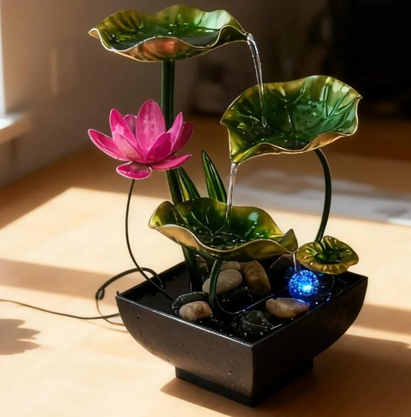 AOZITA Tabletop Fountain, Indoor Waterfall Fountain, Tall Home Décor Zen Relaxation Soothing Sound Machine for Office, Living Room, or Bedroom, Green Metal Lotus with Flower, River Rocks, LED