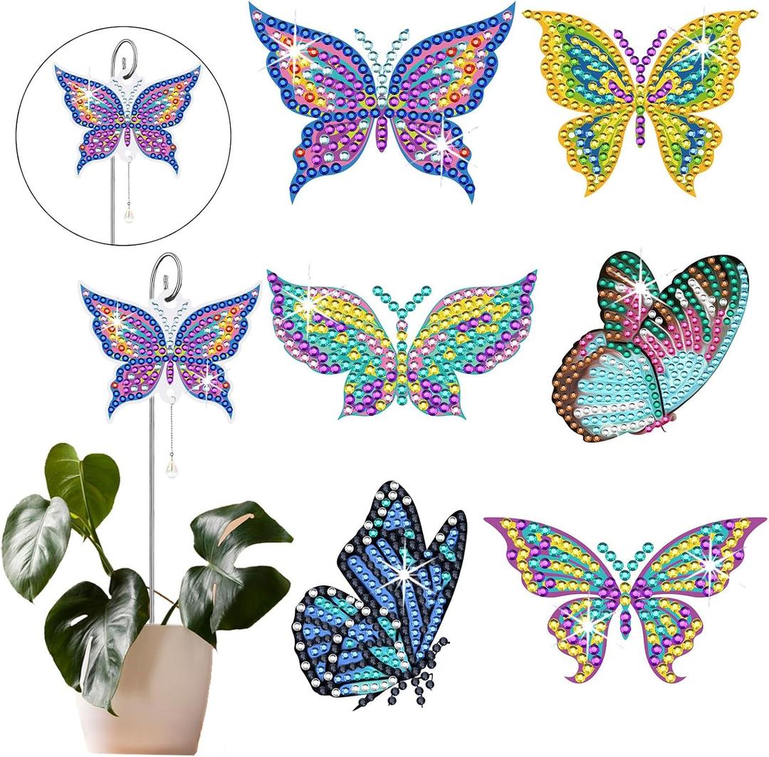 HTTDMY 6 Pcs Diamond Art Kits for Adults, Diamond Painting Crafts Stakes with Pendant for Garden Home Decoration (Butterfly), 6 cm x 7 cm x 0.1 cm