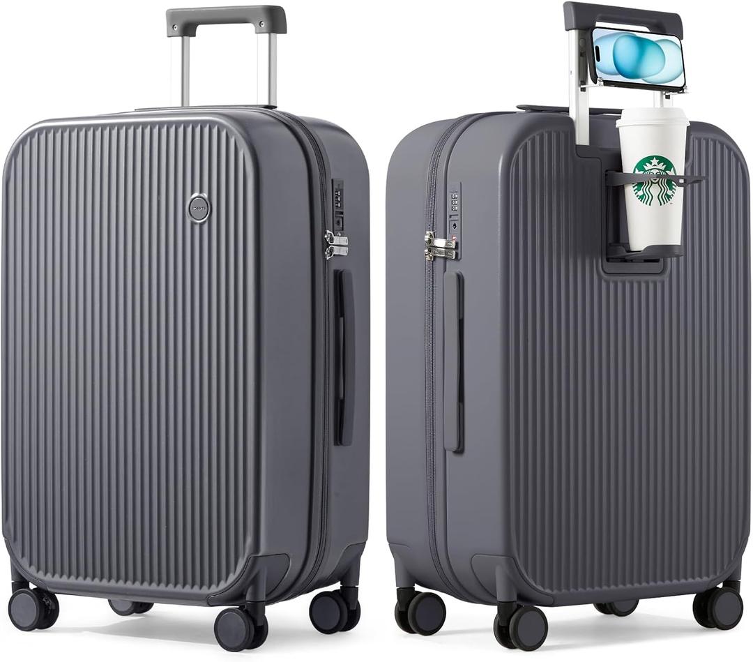 mixi Checked Luggage with Cup Phone Holder Hard Shell Rolling Travel Suitcases with Spinner Wheels,26 Inch Rock Grey (Rock Gray)