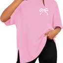 Dressmine Women's Summer Short Sleeve Graphic Loose Bow Side Slit Shirts Casual Office Work Blouse Tops, Size Small