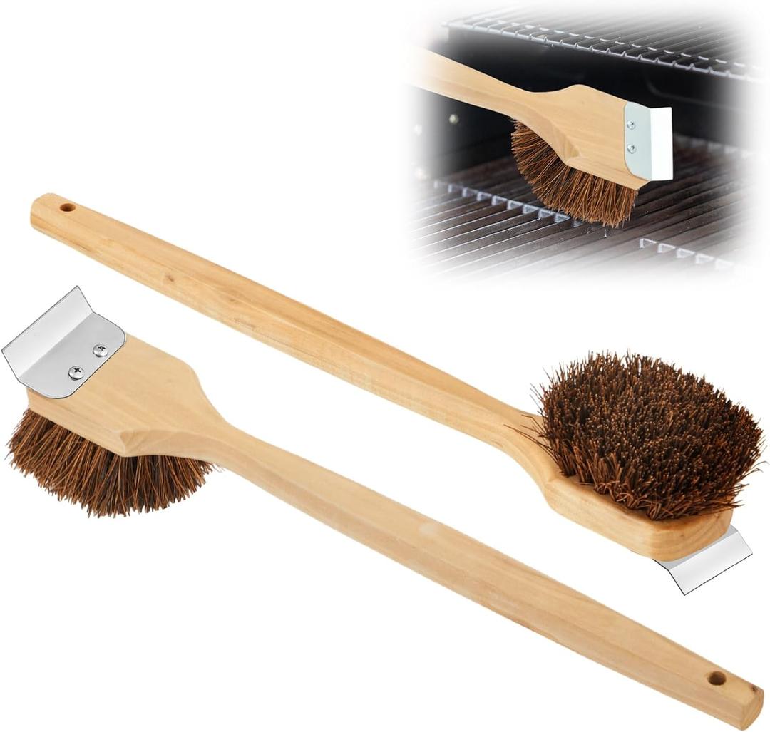 2 Pack Natural Grill Brush Non Metal Bristles with Metal Spatula for Outdoor Grill 20 Inch Long Handle BBQ Cleaning Brush for Outdoor Backyard Grills BBQ Restaurant Safer Scrubber Tools