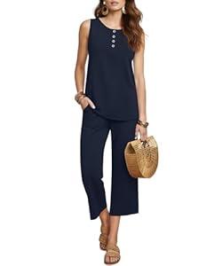 YSYOKOW Two Piece Sets for Women Summer Sleeveless Tank Top and Capri Pants Lounge Set Casual Travel Outfit with Pockets(Navy Blue, Large)