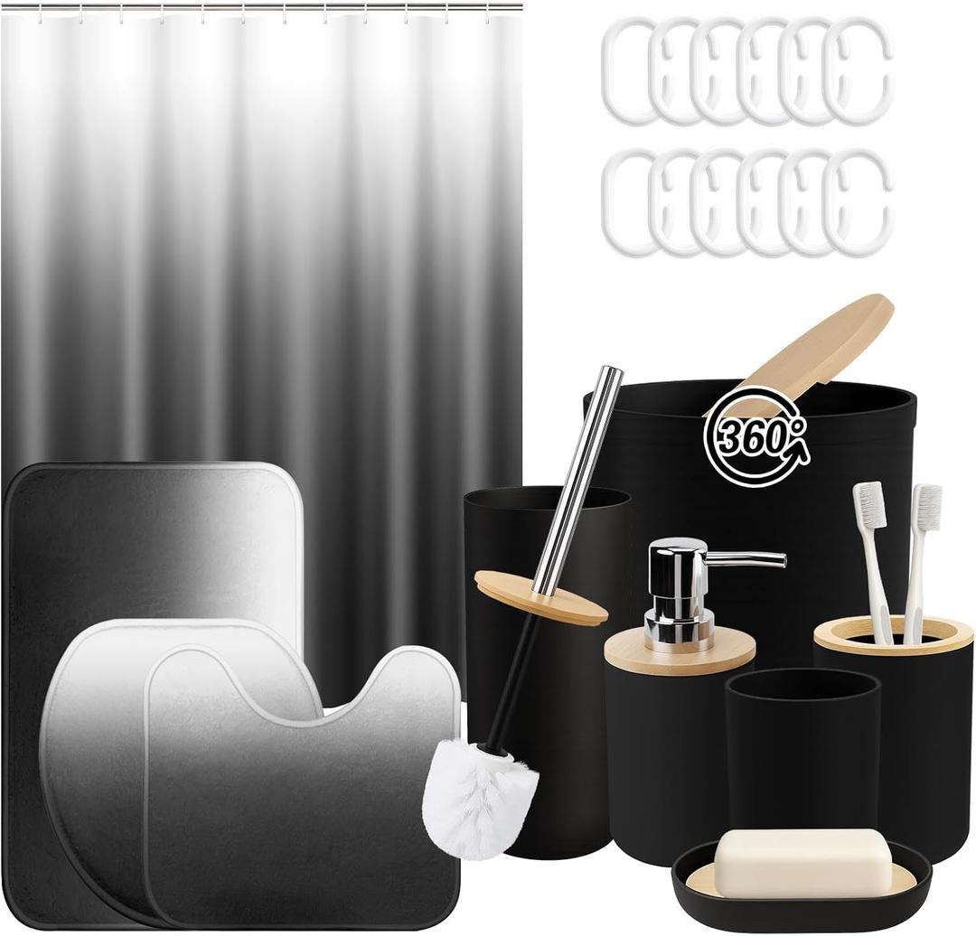Ombre Grey Black Bathroom Decor and Accessories Set, Shower Curtain and Rug Set with Trash Can, Soap Dispenser, Soap Dish, Toothbrush Holder, Toothbrush Cup, Toilet Brush
