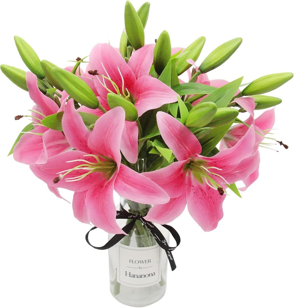 Hananona 8 Pcs Artificial Real Touch Easter Lily Spring Flowers for Wedding Home Decoration - Plastic Tiger Lily Faux Flowers (Pink, 8)