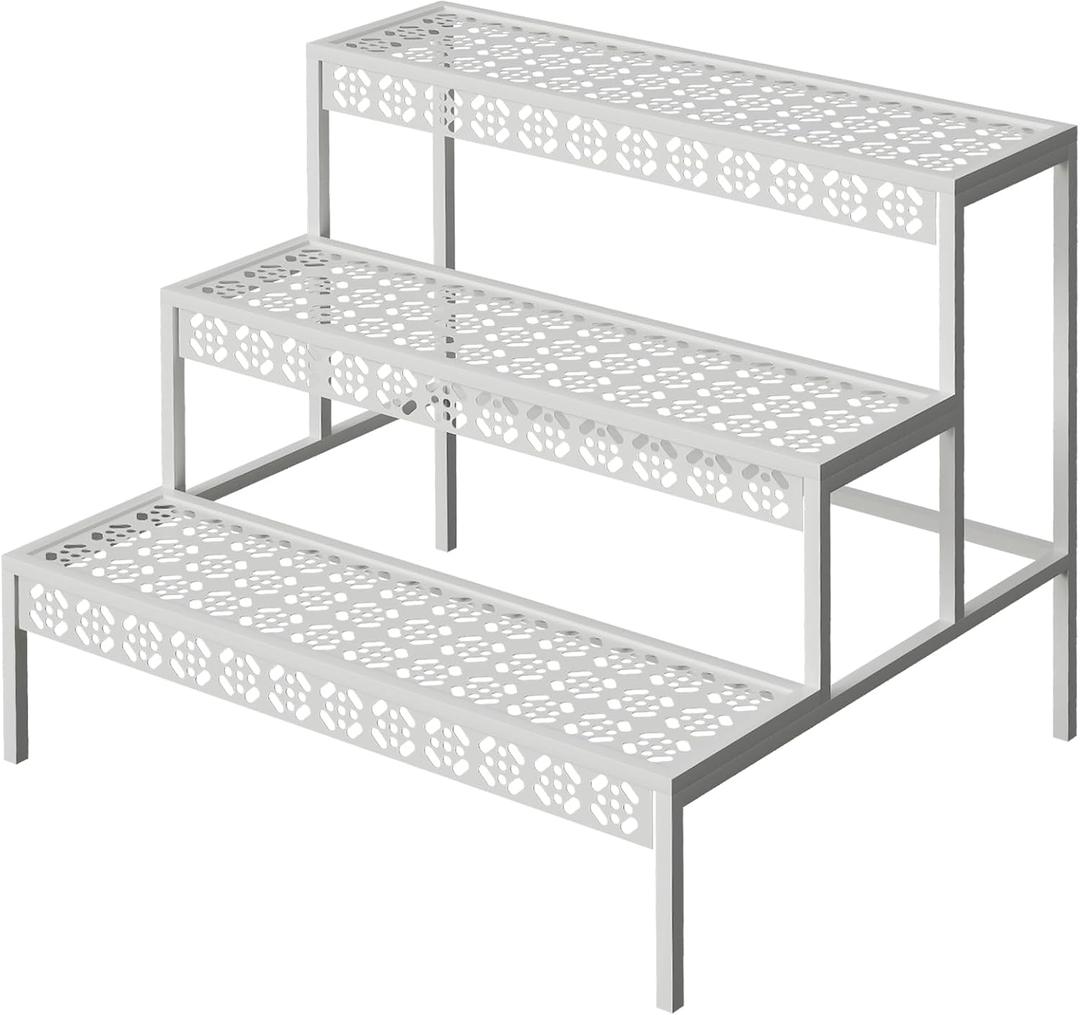 aboxoo 3 Tiers Metal Plant Stand,Rectangular Ladder Flower Pots Outdoor Plant Rack, Indoor Plant Display Rack, Heavy Duty Utility Storage Organizer for Home Garden Patio Balcony, Stair Style(White)