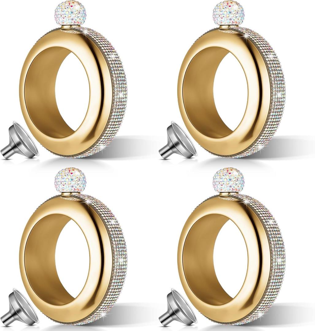 4 Set 3.5 oz Creative Bracelet Flask 304 Stainless Steel Bangle AB Crystal Flasks for Women with Rhinestones Lid Bangle Bracelet Funnel for Party Set (Gold)