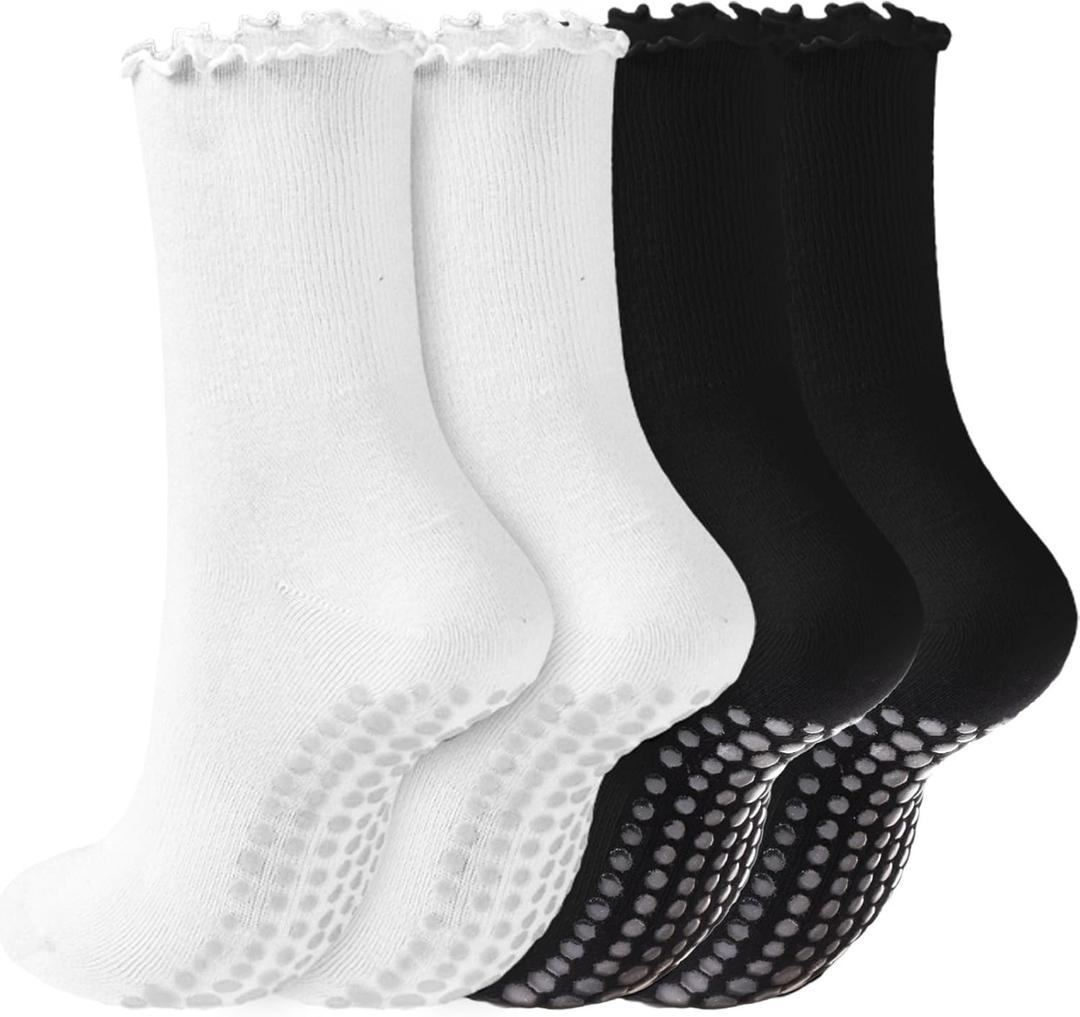 REACH STAR 4 Pairs Pilates Socks with Grips Non Slip Ruffle Yoga Grip Socks for Women (6-10, Black+white)