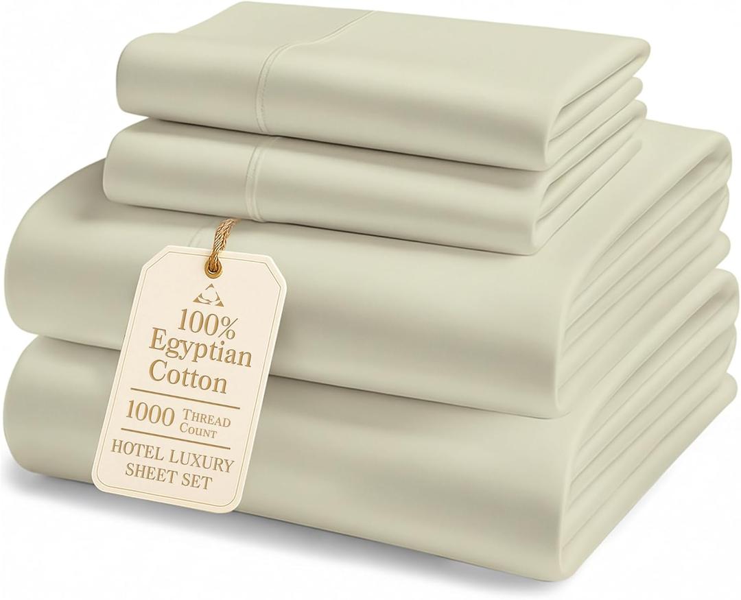 100% Egyptian Cotton Queen Size Sheets Premium 1000 Thread Count Sheets, 15" Deep Pocket Queen Sheet Set, Silky Sateen Weave, Breathable & Fade Resistant, Soft Luxury Bedding For Holiday Home -Linen
