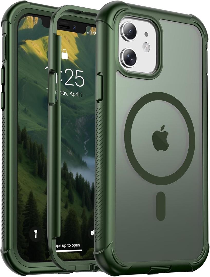 Magnetic for iPhone 12/12 Pro Case, [Compatible with MagSafe][Military Grade Drop Protection][Heavy Duty Protection][Non-Slip][Shockproof] 2-Layer Durable Bumper Phone Case 6.1''-Army Green