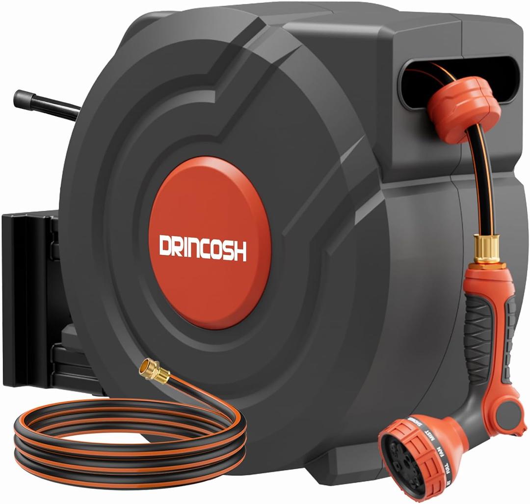Retractable Garden Hose 155 ft x 1/2 inch Heavy Duty Wall-Mounted Hose Reels 180 Swivel Automatic Slow Return Any Length Lock 9 Pattern Nozzle UV Resistant